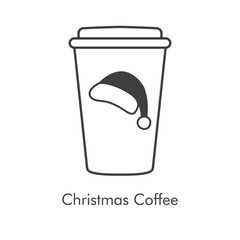 Tiempo de navidad. Vaso de café. Logotipo lineal con vaso de plastico con tapa con gorro de Papá Noel de color gris