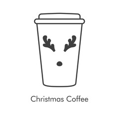 Tiempo de navidad. Vaso de café. Logotipo lineal con vaso de plastico con tapa con nariz y astas de rena Rodolfo de color gris