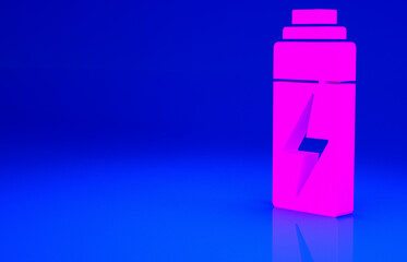 Pink Battery icon isolated on blue background. Lightning bolt symbol. Minimalism concept. 3d illustration 3D render.
