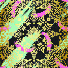 Mandala gold vase ceramic ornamental pattern. Asian/ Islam/ Muslim/ Arabic/ Indian seamless vector oriental background. Golden decorative carpet elements wallpaper. Stylish trendy mandala pattern