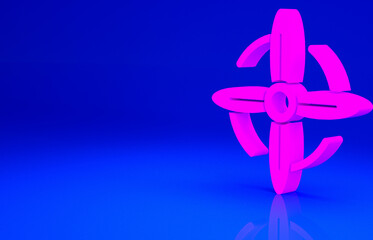 Pink Wind turbine icon isolated on blue background. Wind generator sign. Windmill for electric power production. Minimalism concept. 3d illustration 3D render.