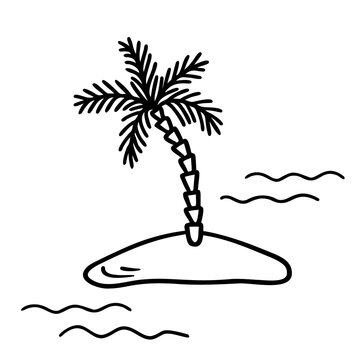 Hand drawn palm tree on a small island in the ocean in doodle style. Tropical Summer icon. Cartoon style palm. Black contours isolated on a white background. Vector stock illustration.