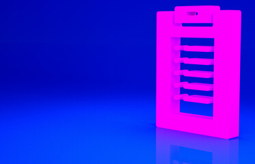 Pink Medical clipboard with clinical record icon isolated on blue background. Health insurance form. Prescription, medical check marks report. Minimalism concept. 3d illustration 3D render.
