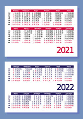 Set horizontal pocket calendars in Russian (Cyrillic letters) 2021, 2022 years. Template: red, blue, black, text color, white background, empty field for company name, logo. Size 100 x 70 mm, vector