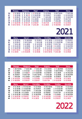 Set horizontal pocket calendars in Russian (Cyrillic letters) 2021, 2022 years. Template: red, blue, black, text color, white background, empty field for company name, logo. Size 100 x 70 mm, vector