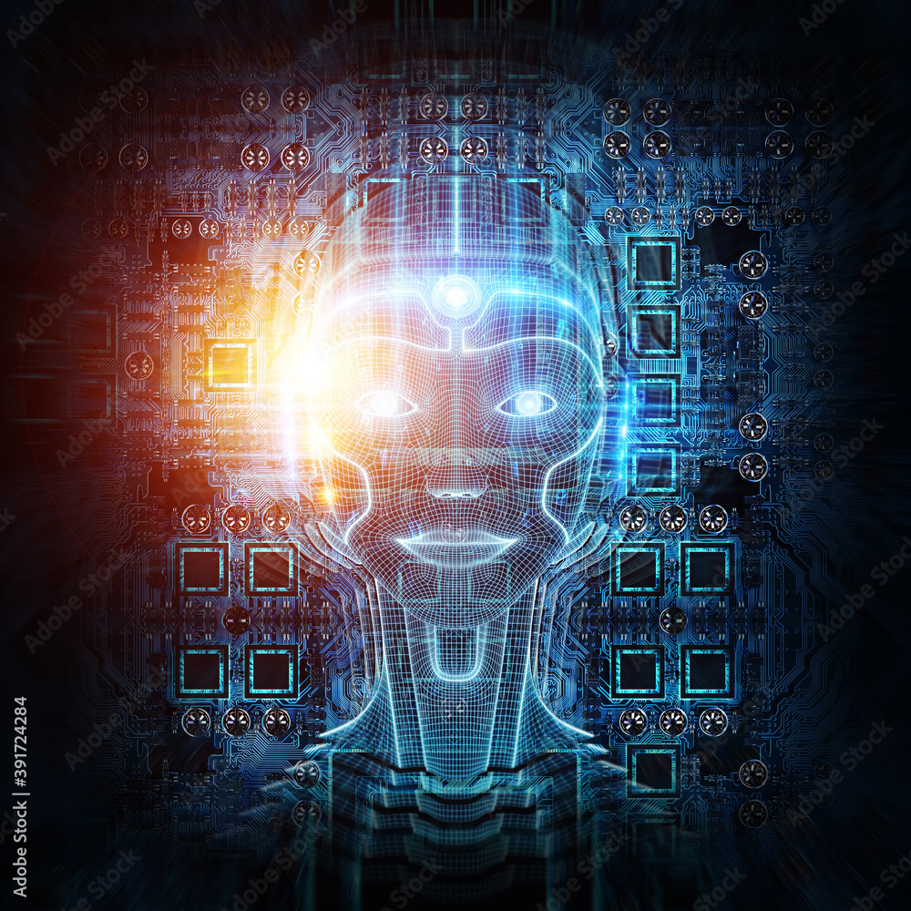 Leinwandbilder robot cyborg head artificial intelligence learning 3d rendering