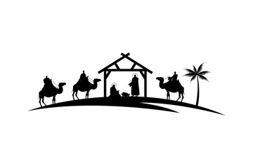 holy family mangers characters in stable with camels black silhouettes