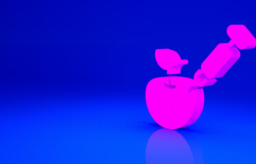 Pink Genetically modified apple icon isolated on blue background. GMO fruit. Syringe being injected to apple. Minimalism concept. 3d illustration 3D render.