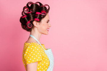 Profile side photo of charming girl look copyspace wear vintage outfit isolated over pink color background