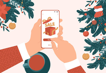 Male hands are holding a phone. A man is shopping for Christmas and New Years sales. Top view. Vector illustration