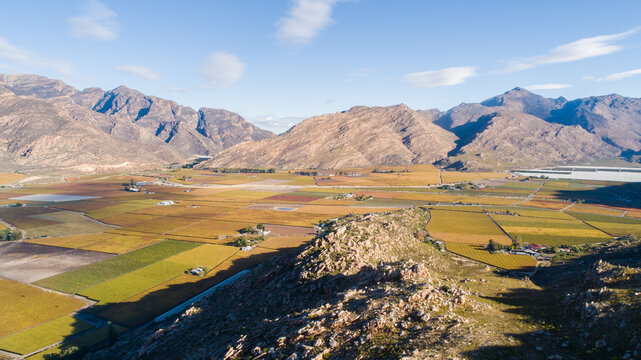 Wide angle views over the Hex River valley in the western cape of south africa, an area known for its table grapes