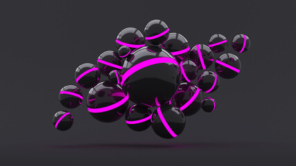Abstraction from many black glowing pink spheres flying on a black background. 3d render illustration for advertising.