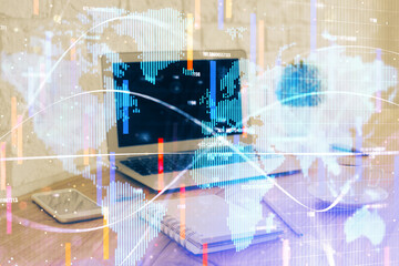 Multi exposure of business theme icons and work space with computer background. Concept of success.