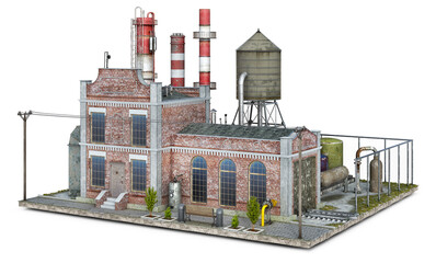 Old factory building and surrounding area on a piece of ground, 3d illustration