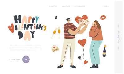 Valentine Celebration Landing Page Template. Boyfriend Giving Present to Girlfriend. Man Character Prepare Gift to Woman