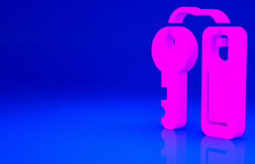 Pink Hotel door lock key with number tag icon isolated on blue background. Minimalism concept. 3d illustration 3D render.