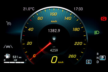 Car dashboard panel including speedometer with red needle, odometer, fuel gauge, lane assist icon, gear position indicator and dipped beam headlights. Modern car digital LCD instrument cluster. 