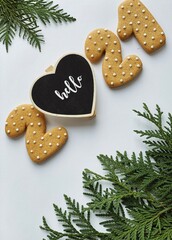 Hello 2021 chalkboard and gingerbreads on white background with empty space