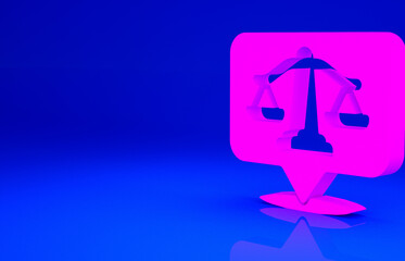 Pink Scales of justice icon isolated on blue background. Court of law symbol. Balance scale sign. Minimalism concept. 3d illustration 3D render.