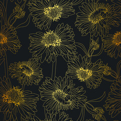 Decorative elegant floral wallpaper. Seamless vector gold stroked pattern. Green background with leaves and flowers. Shiny luxury textile wallpaper. Spring summer field of flowers pattern.