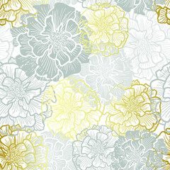 Decorative elegant floral wallpaper. Seamless vector gold stroked pattern. Green background with leaves and flowers. Shiny luxury textile wallpaper. Spring summer field of flowers pattern.