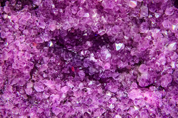 Large geode of amethyst crystals. Purple palette. Soft selective focus.