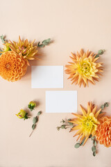 Blank paper cards. Copy space mockup template. Frame made of beautiful ginger dahlia flower buds on peachy pastel background. Flat lay, top view minimalistic floral concept.