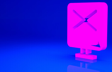 Pink Railroad crossing icon isolated on blue background. Railway sign. Minimalism concept. 3d illustration 3D render.