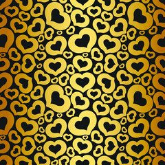 Gold hearts on black background/ Seamless vector romantic love valentine pattern/ Golden trendy stylish wallpaper