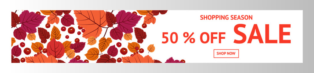 Autumn sale. Promotion banner 50%. Autumn discount. Vector of falling leaves and berries. For store brochure, web banner, flyer.