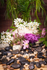 Fototapeta na wymiar Aromatherapy, spa, beauty treatment and wellness background with massage stone, flowers ... spa concept
