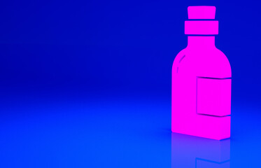 Pink Alcohol drink Rum bottle icon isolated on blue background. Minimalism concept. 3d illustration 3D render.
