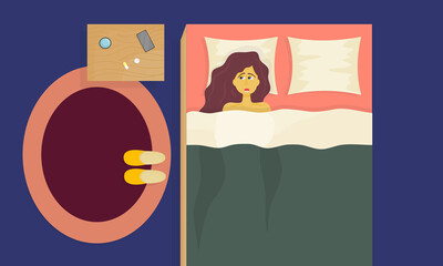 The concept of insomnia. A sleepless girl lies in bed with her eyes open, trying to sleep. The room has a bed and a nightstand with pills, a glass of water and a phone. Vector illustration..