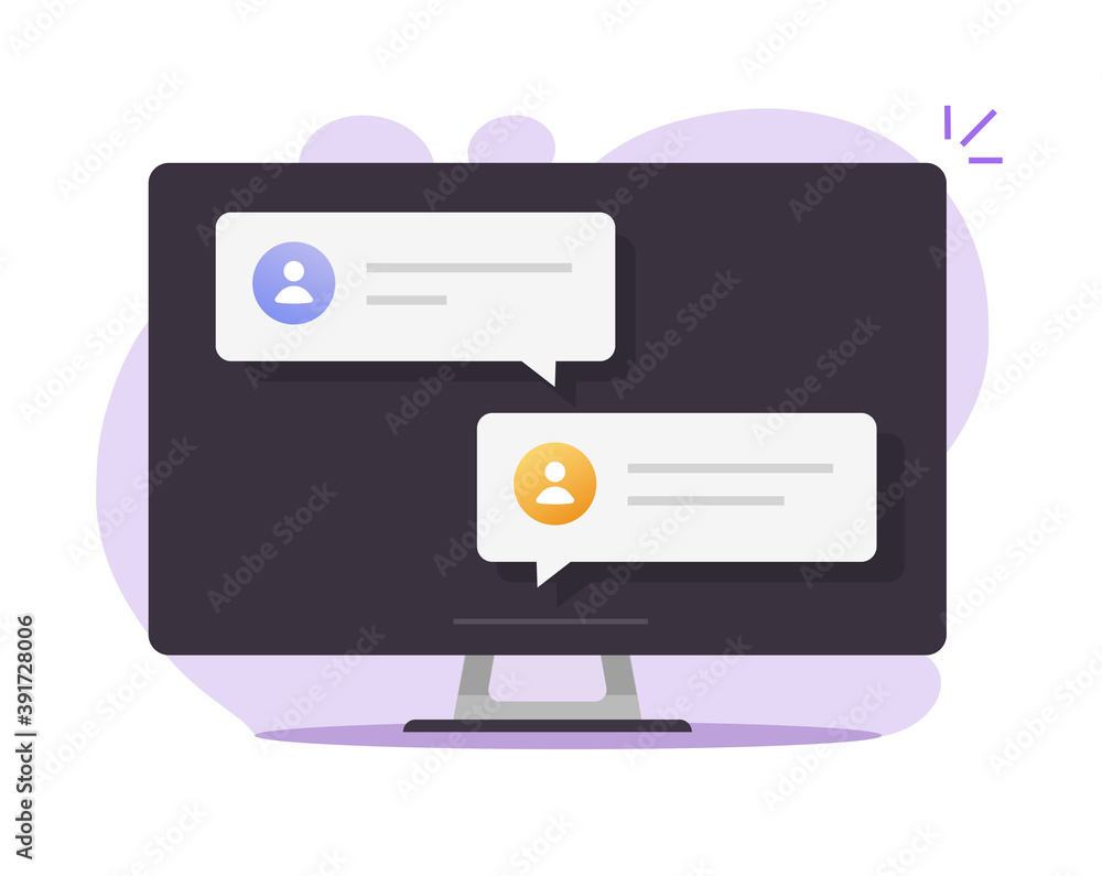 Poster chat text messages online notices on desktop computer pc screen with chatting bubble speeches vector