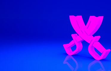 Pink Crossed pirate swords icon isolated on blue background. Sabre sign. Minimalism concept. 3d illustration 3D render.
