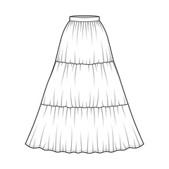 Skirt gypsy dirndl technical fashion illustration with maxi floor length silhouette, circular fullness. Flat bottom template front, white color style. Women, men, unisex CAD mockup