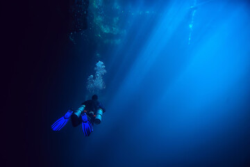 Fototapeta na wymiar cenote angelita, mexico, cave diving, extreme adventure underwater, landscape under water fog