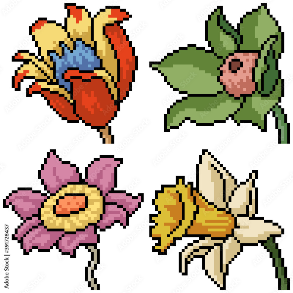 Wall mural pixel art set isolated strange flower