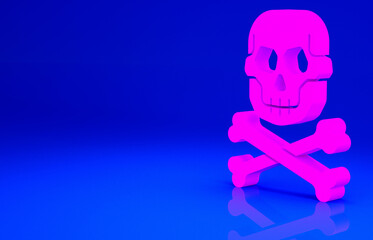 Pink Skull on crossbones icon isolated on blue background. Happy Halloween party. Minimalism concept. 3d illustration 3D render.