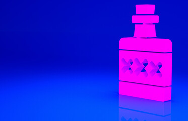 Pink Alcohol drink Rum bottle icon isolated on blue background. Minimalism concept. 3d illustration 3D render.