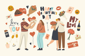 Loving Couple Characters Celebrate Valentines Day, Man Giving Heart Postcard and Flowers Bouquet to Girl. Human Relation