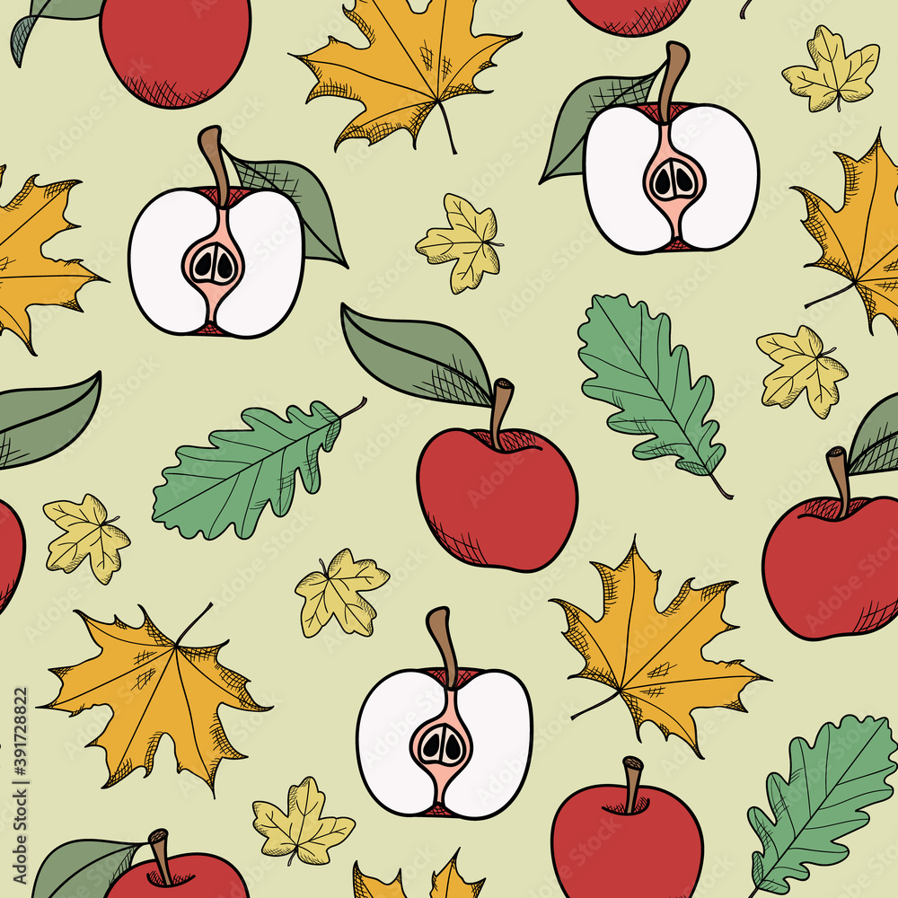 Poster autumn pattern apples and leaves, botanical illustration hand drawn repeat pattern background vector