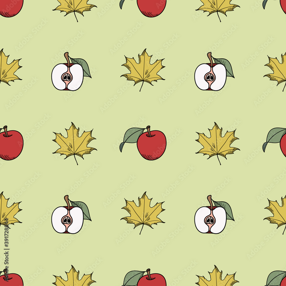 Poster apples and leaves seamless repeat pattern design, geometric layout, maple leaves and hand drawn appl