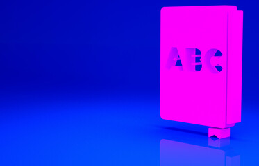 Pink ABC book icon isolated on blue background. Dictionary book sign. Alphabet book icon. Minimalism concept. 3d illustration 3D render.