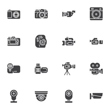 Photo and video vector icons set, modern solid symbol collection, filled style pictogram pack. Signs, logo illustration. Set includes icons as professional photo camera, video camcorder, webcam