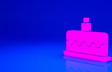 Pink Cake with burning candles icon isolated on blue background. Happy Birthday. Minimalism concept. 3d illustration 3D render.