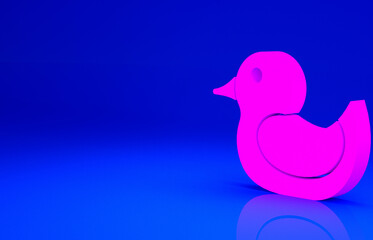 Pink Rubber duck icon isolated on blue background. Minimalism concept. 3d illustration 3D render.
