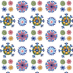 Bright pattern with colored snowflakes.