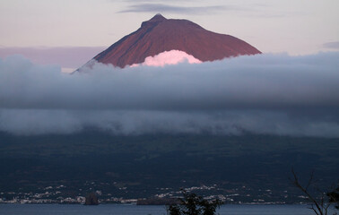 Island Pico with Volcano Mount Pico, Azores - view from island Faial at sunset