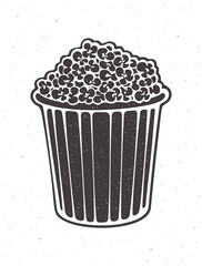 Silhouette of bucket full of popcorn. Vector illustration. Striped paper cup with junk snack. Symbol of film industry and fast food. Сlipart for menus, showcases, posters. Isolated white background